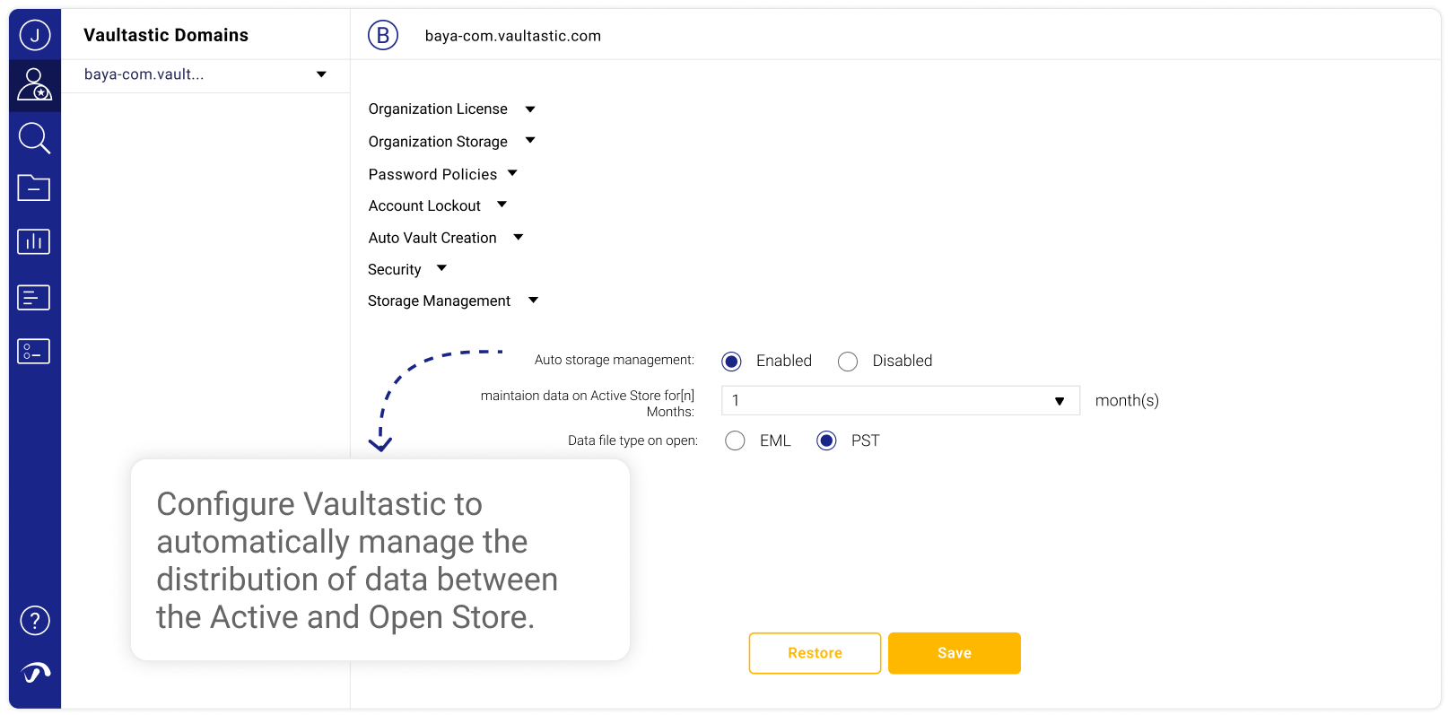 Configure vaultastic to automatically manage the distribution of data between the active and Open store.
